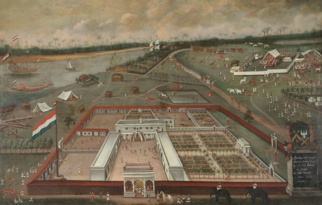 The trading post of the Dutch East India Company in Hooghly, Bengal. Painting by Hendrik van Schuylenburgh, 1665. Rijksmuseum Amsterdam, license CC0