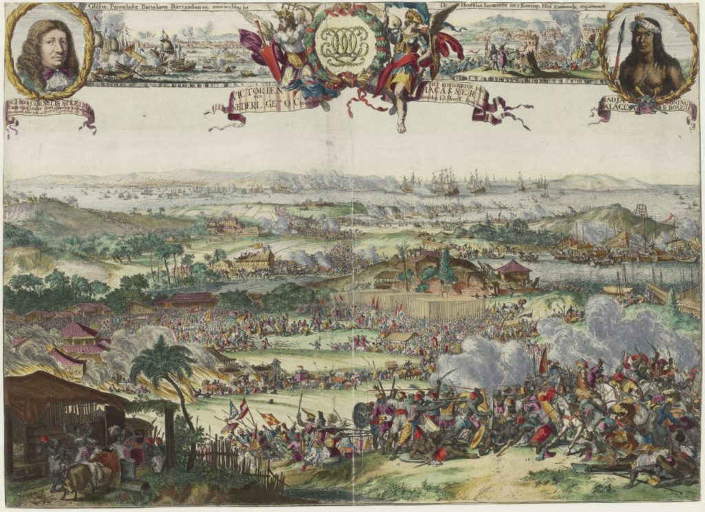 The conquest of Macassar in 1667 by Cornelis Speelman. Engraving by Johannes Vingboons. Dutch National Archives, license CC0.