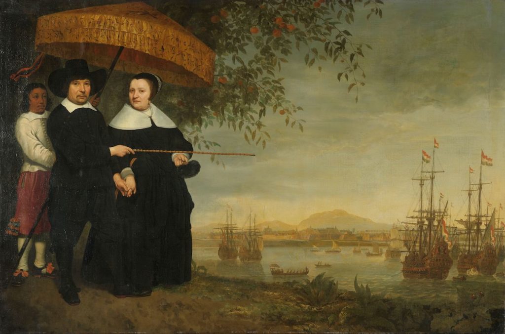 Painting showing a senior merchant of the VOC with his wife and an enslaved servant.Painting made in circle of Aelbert Cuyp, c.1650-c.1655.Rijksmuseum Amsterdam, license CC0.