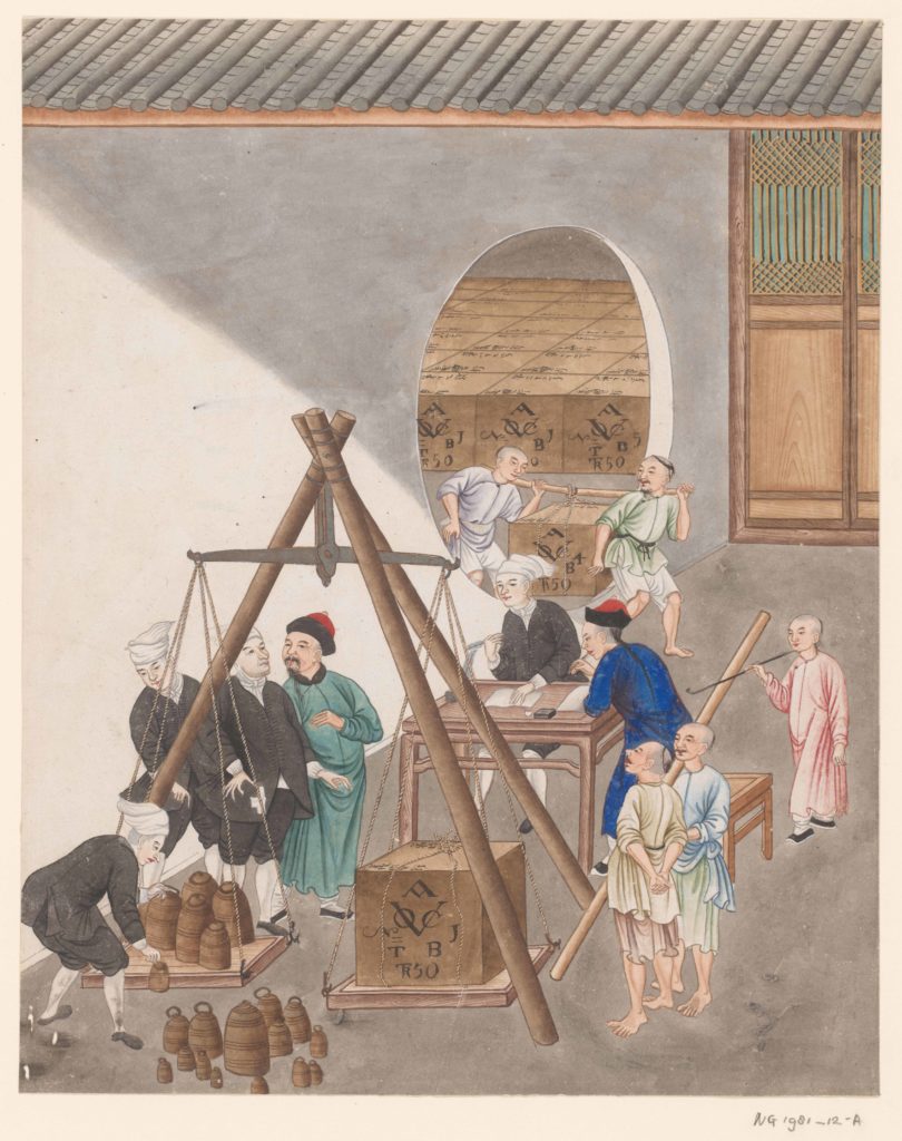 Determining the weight of tea chests for the VOC in Canton (now Guangzhou), China around 1770. Rijksmuseum Amsterdam, license CC0.