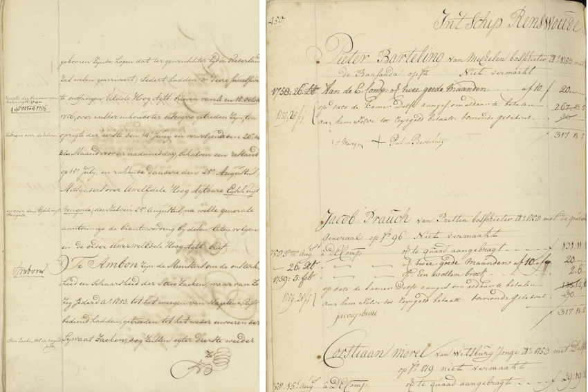 Left: A page from a missive dated 1758. Source: National Archives, CC0.
Right: A page from a monsterrol dated 1758. Source: National Archives, CC0.