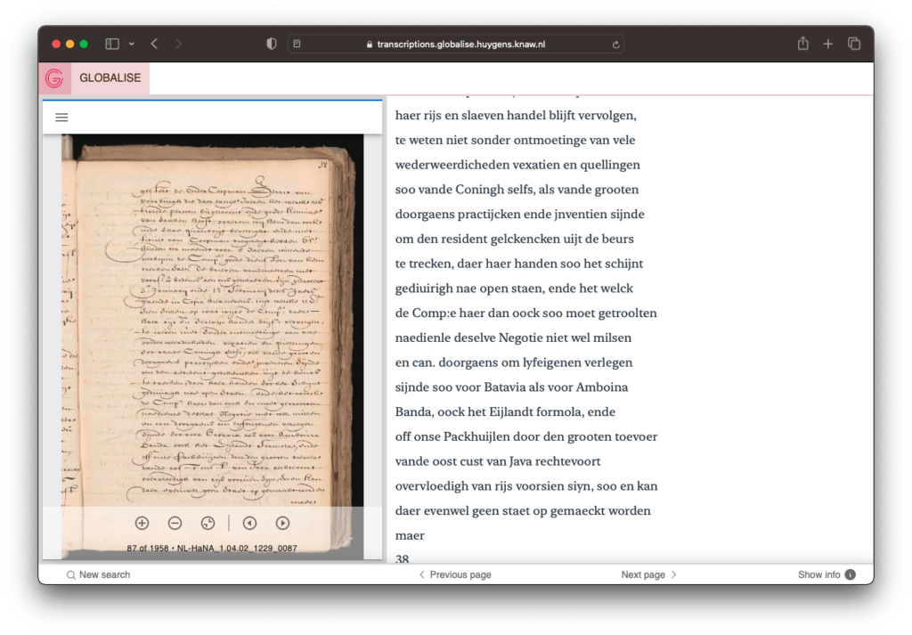 Screenshot of GLOBALISE transcriptions viewer