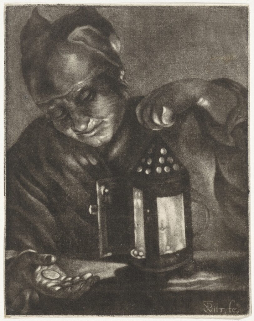 An old woman looks at coins with a lantern that's opened at the front.