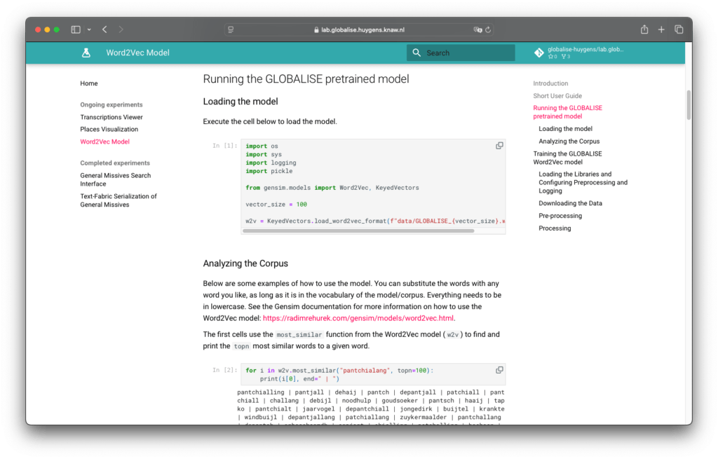 Screenshot of instructions for using the GLOBALISE Word2Vec model.