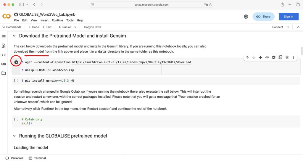 The image shows the GLOBALISE Word2Vec model in Google Colab environment. An arrow points to the first cell to be clicked to run the model. 