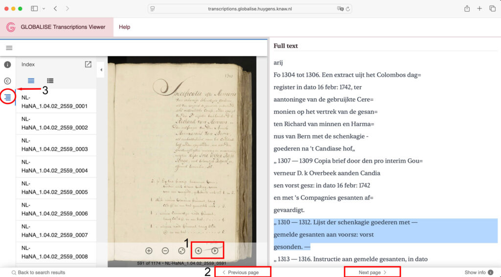 A page from the archives of the Dutch East India Company, the contents page of inventory number 2259. The centre of the page shows an image of the record. On the left, the sidebar shows metadata of the scan. On the right, a transcription of the text is shown.