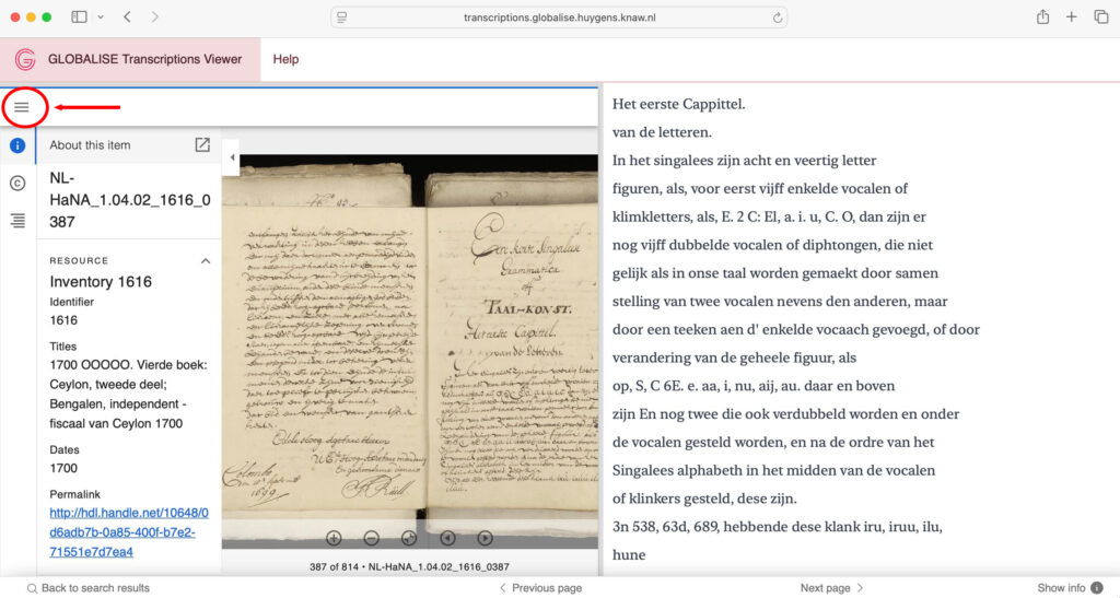 A page from the archives of the Dutch East India Company, describing Sinhalese Grammar, inventory number 1616. The centre of the page shows an image of the record. On the left, an arrow points to the icon needed to display the sidebar, to show metadata of the scan. On the right, a transcription of the text is shown.  