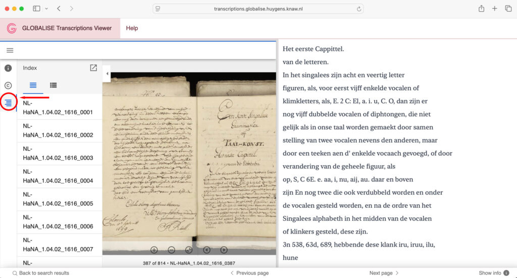 A page from the archives of the Dutch East India Company, describing Sinhalese Grammar, inventory number 1616. The centre of the page shows an image of the record. On the left, an arrow points to the icon needed to display the full list of scans within the same volume. On the right, a transcription of the text is shown.  