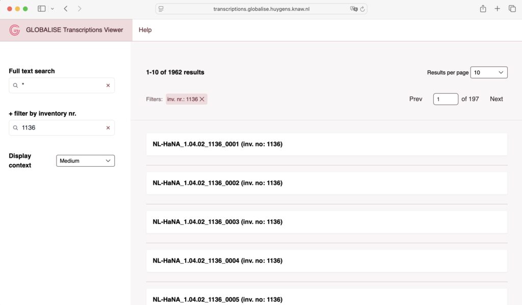 The image shows a search query in the transcriptions viewer. On the left of the page, an asterisk is shown in the full text search field and inventory number 1136 in the filter by inventory number field. On the right of the page, the list of results from inventory number 1136 is displayed in order of ascending scan number. 