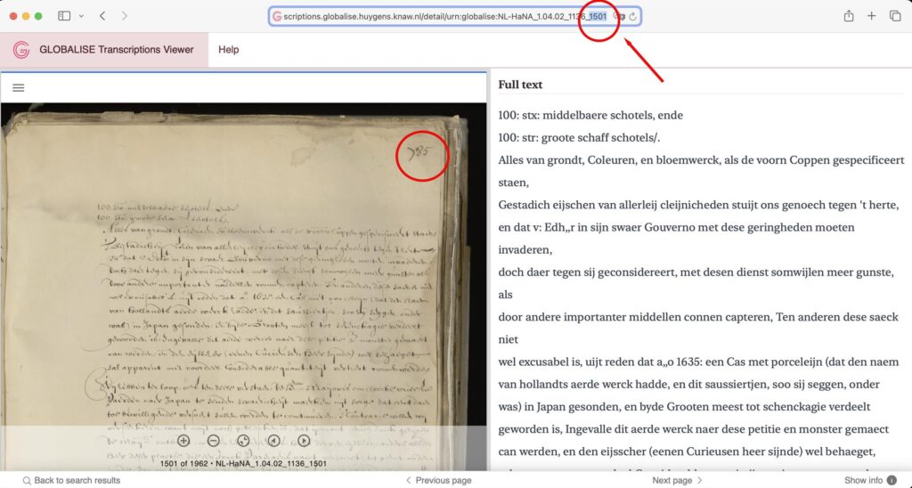 A page from the archives of the Dutch East India Company, inventory number 1136. The folio being displayed is numbered 785, corresponding to scan number 1501 in the URL bar. 