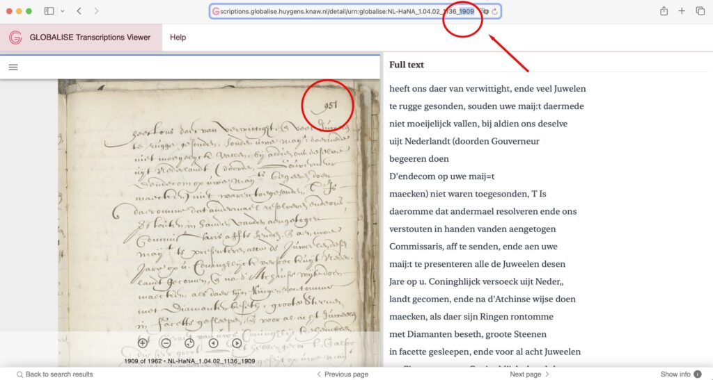 A page from the archives of the Dutch East India Company, inventory number 1136. The folio being displayed is numbered 951, corresponding to scan number 1909 in the URL bar. 