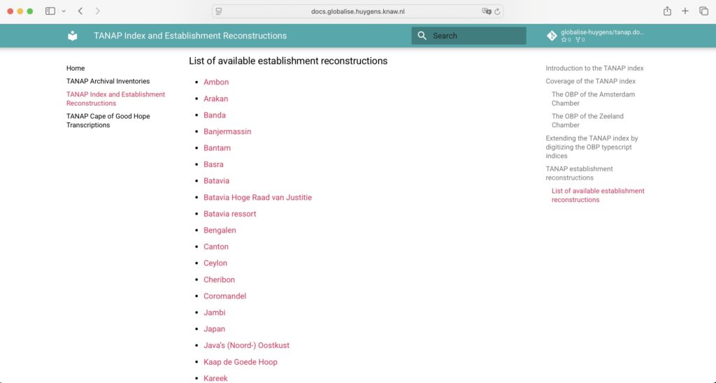 The image shows the TANAP Resources section of the GLOBALISE website. The TANAP Index and Establishment Reconstructions is shown. 