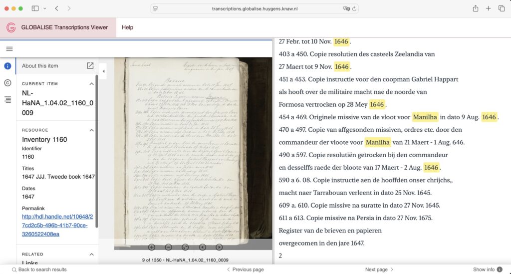 A page from the archives of the Dutch East India Company, the contents page of inventory number 1160. The centre of the page shows an image of the record. On the left, the sidebar shows metadata of the scan. On the right, a transcription of the text is shown.