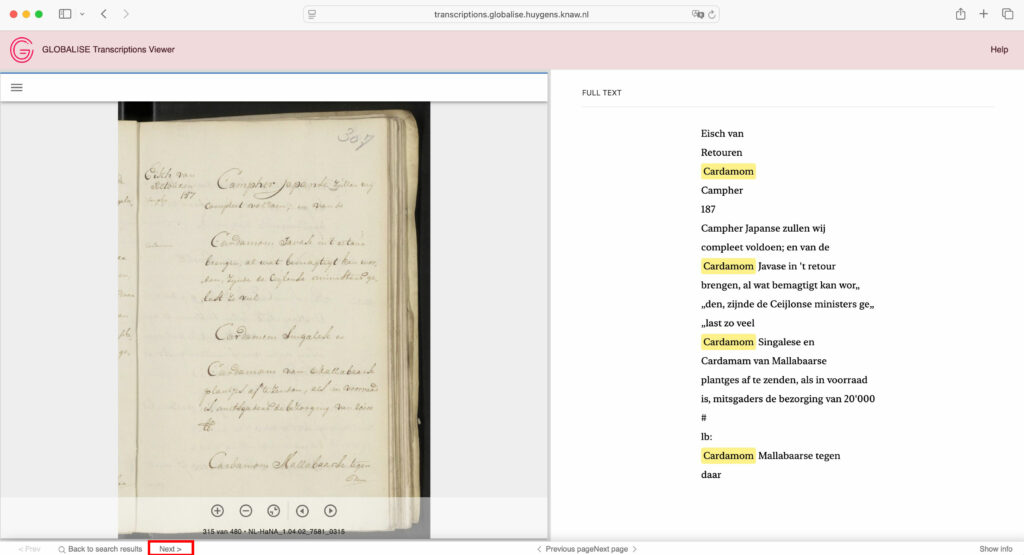GLOBALISE Transcriptions Viewer showing a page from inventory number 7581.