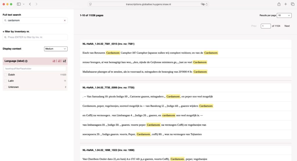 The page listing search results for 'cardamom' in the GLOBALISE Transcriptions Viewer.