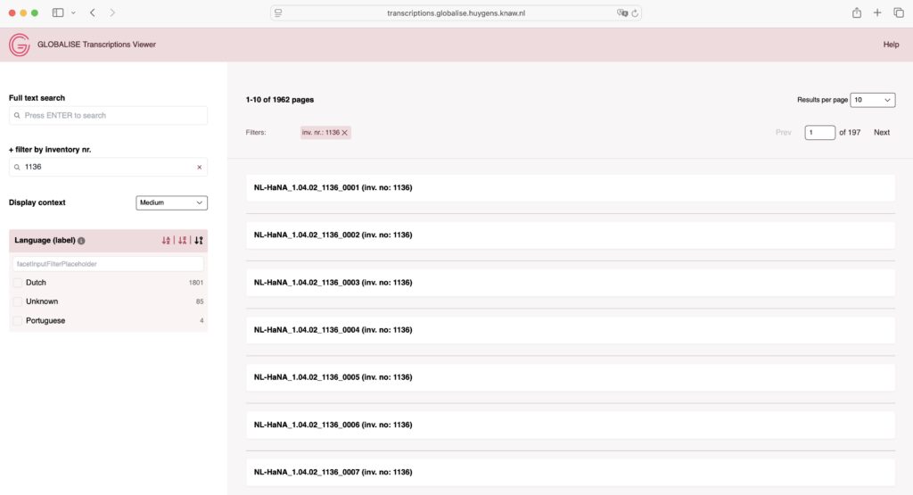 The image shows a search query in the transcriptions viewer. The full text search field is left empty and inventory number 1136 is in the filter by inventory number field. On the right of the page, the list of results from inventory number 1136 is displayed in order of ascending scan number. 