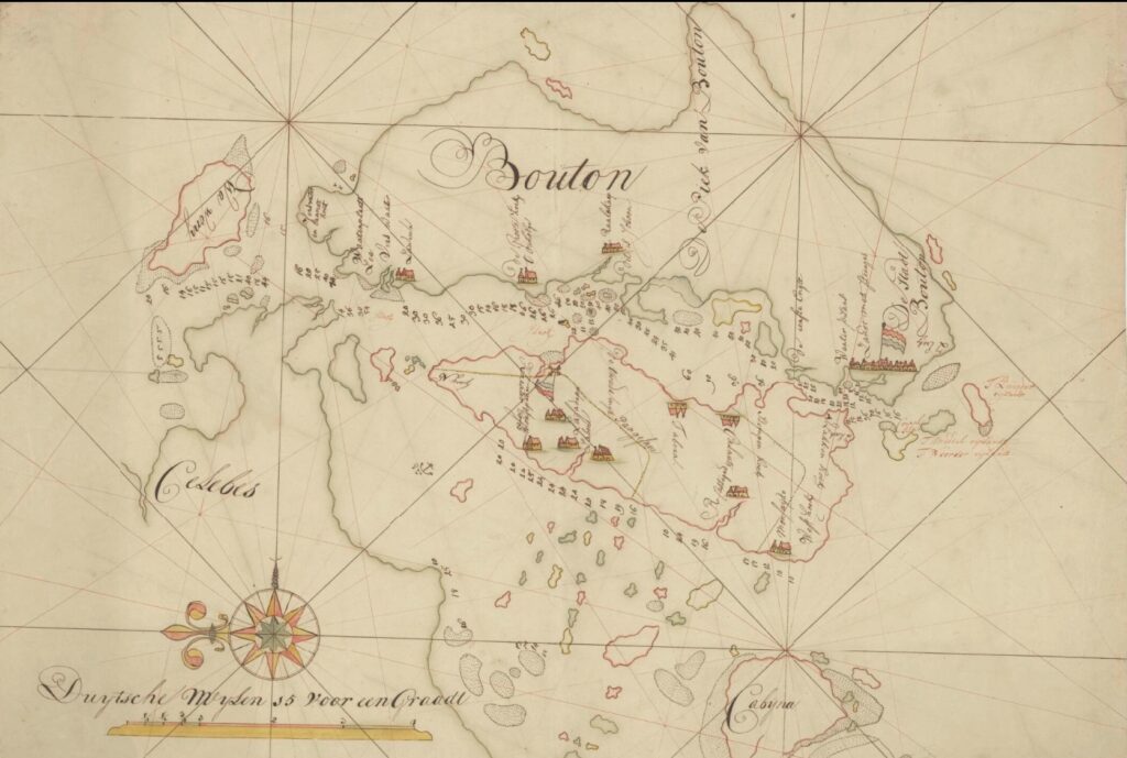 Kaart van Straat Bouton, van het Zuyder Eyland tot het eyland Wawony. Nationaal Archief, CC0. The Muna Island (in the centre, outlined in red) is labelled on this map as ‘Pangasane’. 