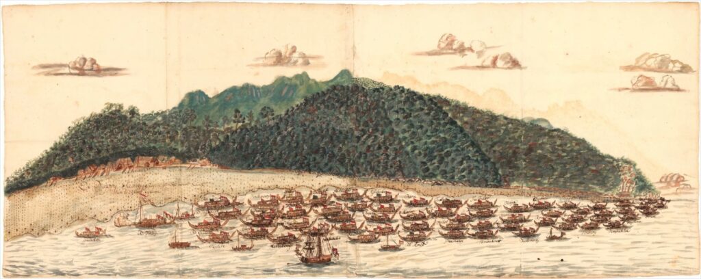 Image of an island with a fleet of ships in front. Johannes Hogeboom, “Hongi near the village of Sawai, northern Ceram.” Appendix to a letter by Nicolaas Witsen, c. 1700. Amsterdam, Allard Pierson Collection UvA. Hs. Bf. 76 C (3).