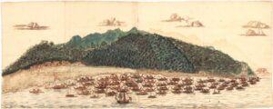 Drawing of an island with ships in the waters