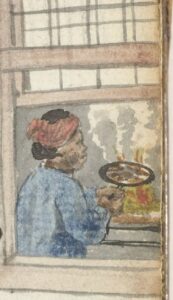 Detail from a drawing of a woman cooking in the background.