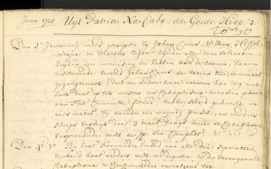 The first page of the journal written by Hendrick Leuseveld (1738)
https://transcriptions.globalise.huygens.knaw.nl/detail/urn:globalise:NL-HaNA_1.04.02_2431_0693